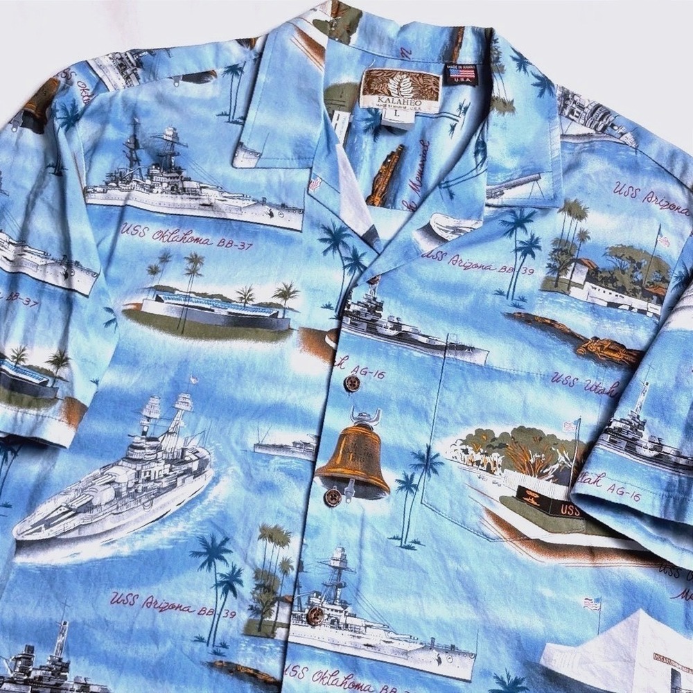 Kalaheo Pearl Harbor Memorial WWII Battleships Hawaiian‎ Shirt Men Size L